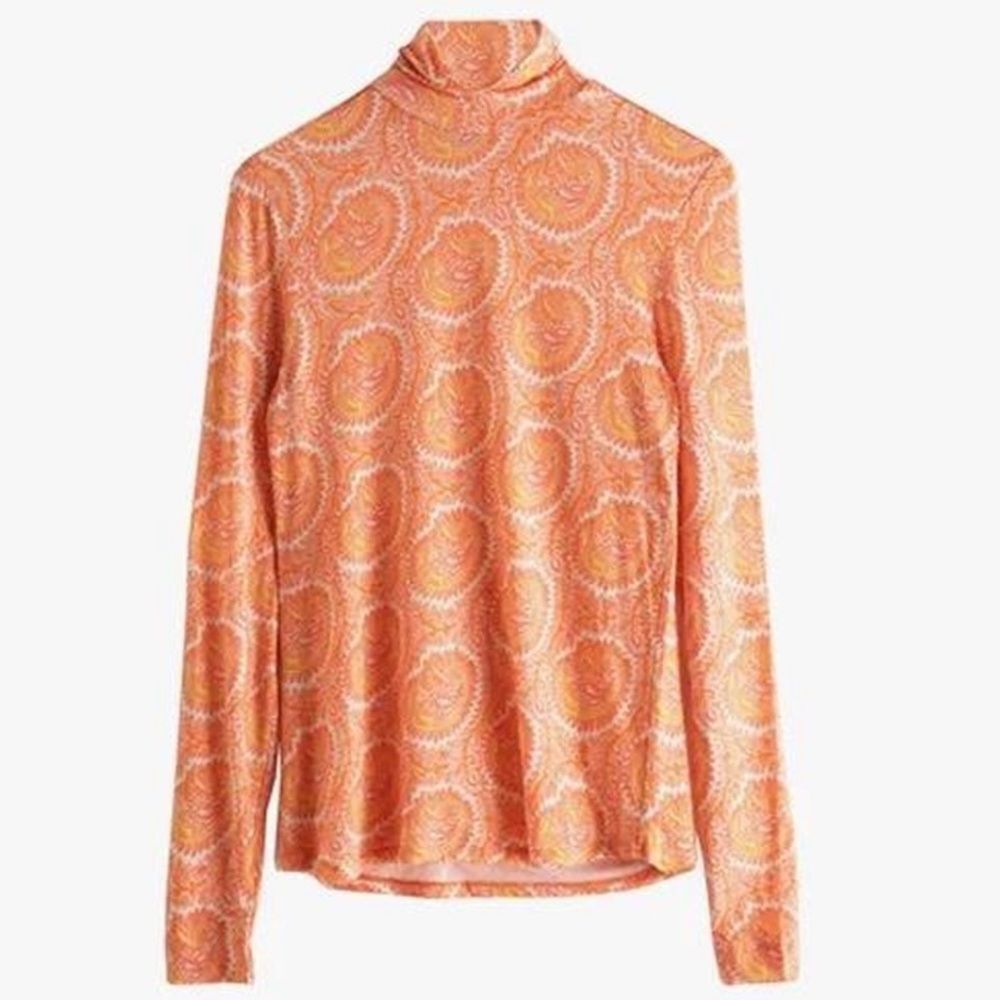 & Other Stories Stretch Paisley Orange Long Sleeve Turtleneck Top Size 0